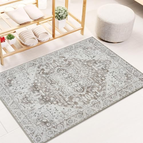 Famibay Alfombra Entrada 60x90cm Beige Antideslizante Alfombra Lavable Vintage Pelo Corto Tapete Entrada Casa Habitacion Pie De Cama ﻿
