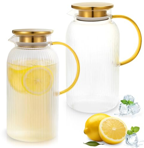 Set med 2 vattenkaraff på 2 liter i glas, glaskaraff och lock i rostfritt stål, tjock vattenkokare i borosilikatglas, vattenkokare beständig mot värme, perfekt för kallt kaffe
