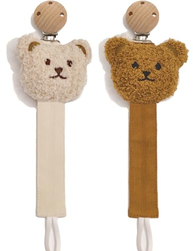 Veroa 2 Pcs 100% Cotton Dummy Clips Cute Animal Bear Shapes Personalised Dummy Clip,Handmade Pacifier Clips Unisex for Boys and Girls