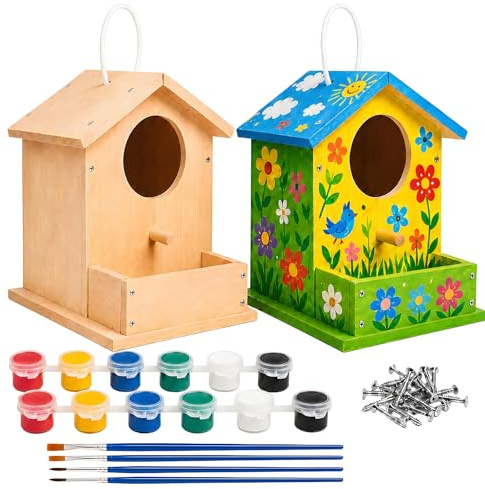 Sunshine smile 2 Stück Vogelhaus Bausatz,Vogelhaus Zum Bemalen,Vogelhaus Bastelset,Vogelhäuschen Bausatz,Holz Puzzle Machen Set,Vogelkasten Basteln Geschenke