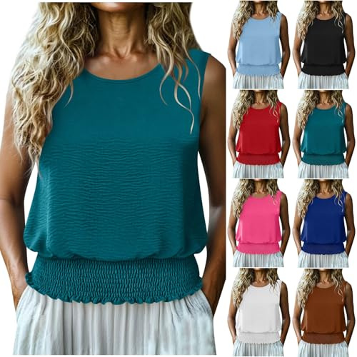 Débardeur Femme Haut sans Manches Blouse Été Chic Tunique Col Rond Fluide Vêtement Décontracté Ample avec Taille Élastique Plissée pour Plage Vacances