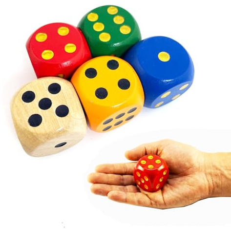 SmartDealsPro Lot de 5 grands dés en bois à bords ronds de 3 cm de couleur aléatoire (5 couleurs avec points)
