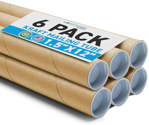 MagicWater Supply Mailing Tube - 1.5 in x 12 in - Kraft - 6 Pack - for Shipping and Storage of Posters, Arts, Crafts, and Documents