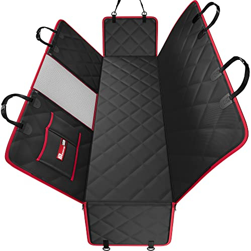 Dog Hammock for Car Back seat with Mesh Visual Window, Side Flaps with Zipper, Padded 4 Layers Waterproof Heavy Duty Hammock with Storage Bag, Scratch Proof Nonslip Pet Car Seat Cover (Black/Red)