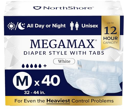 NorthShore MegaMax 12-Hour HBL Adult Diapers for Heavy Bladder Leaks, Medium, 40 Count, White, 32-44 inches, Tab-Style Incontinence Underwear for Men, Women & Teens