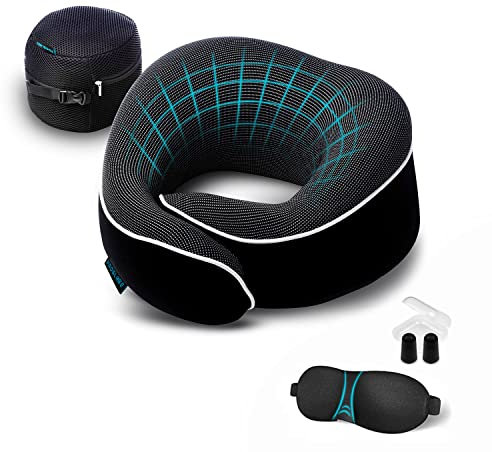 Proglobe Nackenkissen Flugzeug, Reisekissen 100% Memory Foam, Orthopädisches Nackenhörnchen, Ideal für Reisen mit Flugzeug, Auto, Zug, Mit 3D-Schlafmaske, Hochwertige Netztasche (Schwarz)