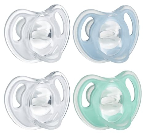 Tommee Tippee Ultra-Light Silicone Pacifier, 0-6 Months, Symmetrical One-Piece Design, BPA-Free Silicone Binkies, Clear/Blue/Green, Pack of 4