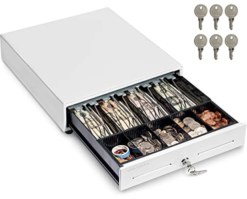 Volcora 13 Cash Register Drawer for Point of Sale (POS) System with 4 Bill 5 Coin Cash Tray, Removable Coin Compartment, 24V, RJ11/RJ12 Key-Lock, Media Slot, White - for Stores, Shops and Businesses