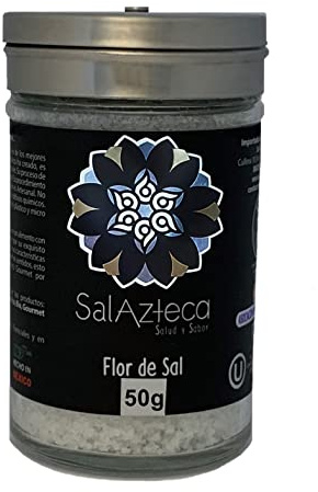 Sal Azteca/Flor de Sal de Manantial - Menos Sodio, 100% Pura y Natural, sin Refinar. Rica en Magnesio y más Minerales. Gourmet por Excelencia (Salero de Cristal 50 g)