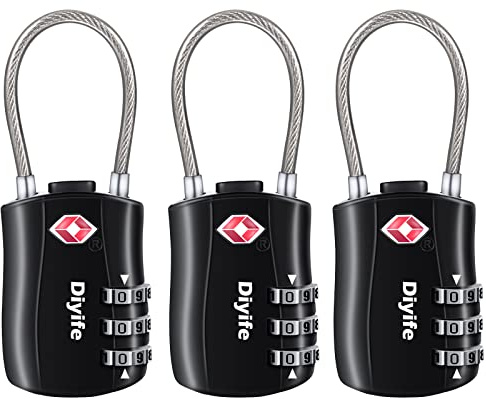 Diyife TSA-bagagelås, 3 stycken, 3-siffrigt säkerhetslås, kombinationslås, kodlås för resväska, bagageväska, etui med mera (svart)