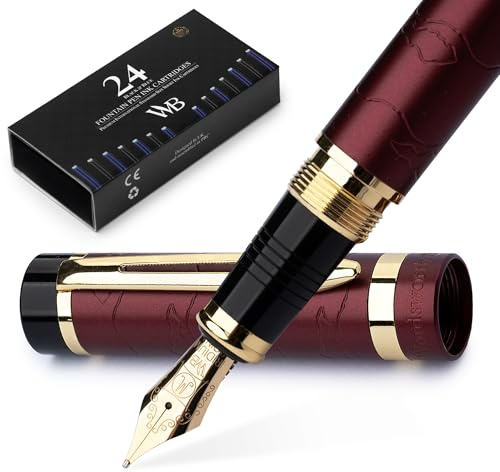 Wordsworth & Black Juego De Pluma Estilográfica Primori [Oro Rojo]; Punta Mediana, Caja De Regalo, 24 Cartuchos De Tinta, Convertidor De Recarga; Diario, Caligrafía, Bolígrafos De Escritura Suave
