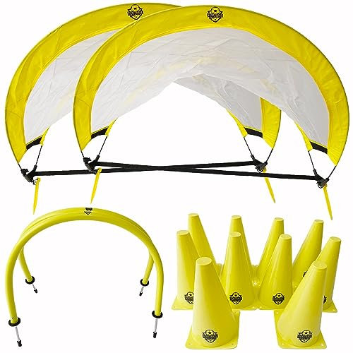 Football Master ™ Pop Up Goal Nets & Training Equipment – Includes 2 X Pop Up Goals 2 x Football Passing Arcs 10 X Training Cones - Handy Carry Bag Kids Soccer