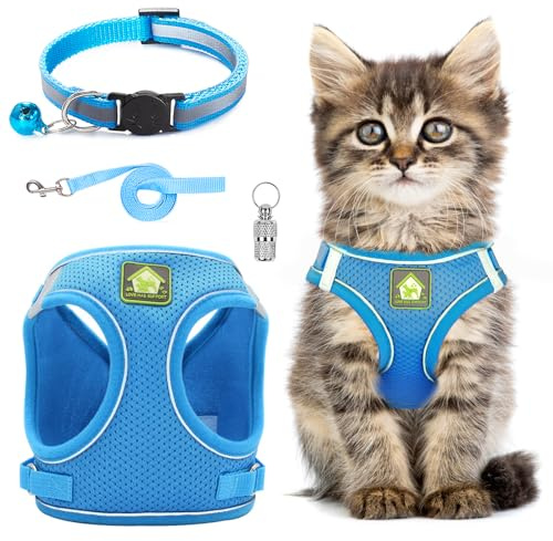 Cat Harness and Lead Set,Adjustable Reflective Stripe Cat Kitten Walking Vest with Leash Cats Collar,Escape Proof Soft Mesh Vest Harness and Lead for Small Medium Cats Pets Walking