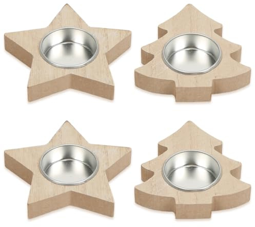 Portacandele in Legno, 4 Pezzi Portalumini a Forma di Stella e Albero di Natale, Portacandele Natale, Decorazione da Tavolo, Feste, Regalo