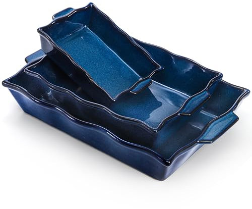 Peohud 3 Pack Casserole Dishes for Oven, Ceramic Baking Dishes with Handles, Heavy Duty Rectangular Lasagna Pan, Porcelain Bakeware Sets for Cooking, Cake Dinner, Kitchen, Blue
