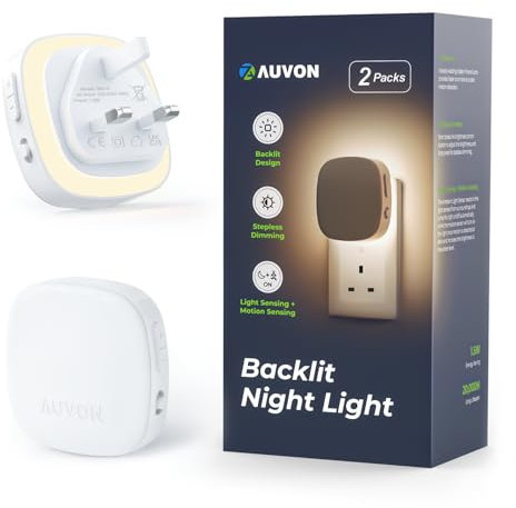 AUVON Night Light Plug in Wall, 2 Pack Backlit LED Motion Sensor Night Light with Dusk to Dawn Sensor, Warm Dimmable Light with Adjustable Brightness 1-50 lm 8 Levels for Hallways, Stairs, Bedrooms