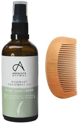 Absolute Aromas Rosemary Treatment Oil & Wooden Hair Comb - Pure Rosemary, Castor, Sunflower & Almond Oil in Glass Bottle
