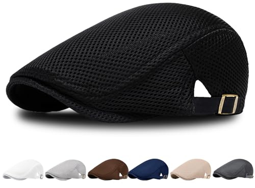 AUNGKWANG Basco UomoEstivo, Piatto Berretto da Uomo Cappello Estivo Regolabile, da UomoEstivo Traspirante Piatto Estivo in Rete PiattoBerretto, Circonferenza della Testa 56-61 cm, Nero