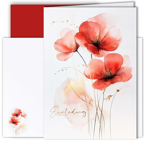 10x Einladungskarten Klappkarten Set Mohnblumen Elegant Rot A6 mit Umschlägen Einladung Geburtstag Hochzeit Feier