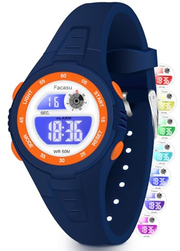 Facasu Orologio Digitale Bambini Ragazzi Ragazze con Luce Colorata,50m Impermeabile Fino,Sport all'aria Aperta,Cronometro,Allarme,Funzioni 12/24 ore,Regali Bambini dai 4 ai 15 anni (Blu scuro-S)