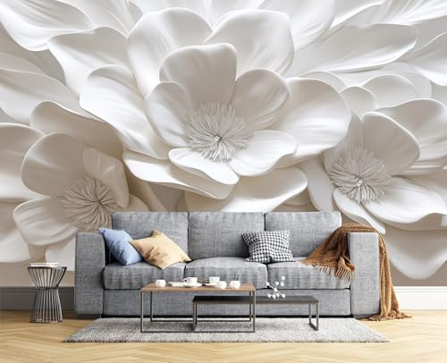 JSCWDET 3D Soie Papier Peint Panoramique Motif En Relief,300×210 Cm (W×H),Fleurs Blanches Grandes Murales Tapisserie Pour Salon, Adulte Chambre D'Enfants, Étude Décoration,Ivoire