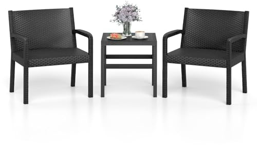 LIFEZEAL Juego de Mesa y Sillas de Jardín 3 Piezas, Mesa y 2 Sillones de Mimbre con Asiento Ergonómico, Muebles de Patio Modernos para Jardín Piscina Terraza PP Resistente