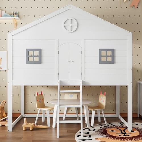 Idemon Hausbett mit Zwei FENSTERN & Treppe • EN 747 Geprüftes Hochbett 90x200 cm • Kinderbett mit Fallschutz-Gitter & Grauen Fenstern • Sicherheitsbett mit Stauraum • Weiß+Grau -Ohne Matratze