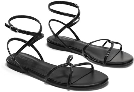 Coutgo Womens Flat Sandals Strappy Open Toe Cross Lace Up Ankle Strap Summer Dressy Beach Shoes, Black, size 8