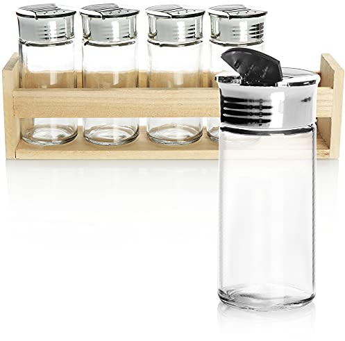 COM-FOUR® set de 6 pots à épices, bocaux avec couvercles dans un support en bois, salière et poivrière pour cuisine et rangement au design moderne (Ensemble de 6 pièces - épandeur/étagère)