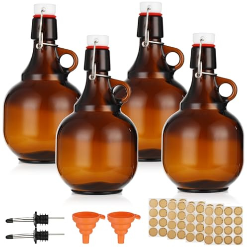 FELISTORY 4 Pcs 34oz Beer Bottles for Home Brewing, Amber Glass Gallon Jugs with Airtight Swing Top, Flip Top Storage Bottles Set with Pourers, Funnels, Labels, Glass Containers for Home Brewing