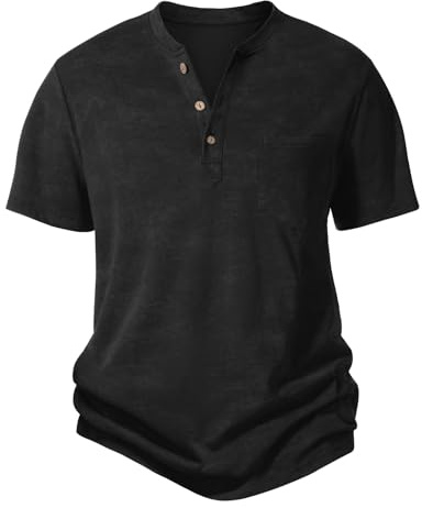 heekpek Camicia Uomo Maniche Corte Henley Magliette Uomo Cotone Elegante Estiva Casual T Shirt con Bottoni Tinta Unita Maglietta Slim Fit T-Shirt Blusa(Nero,XXL)