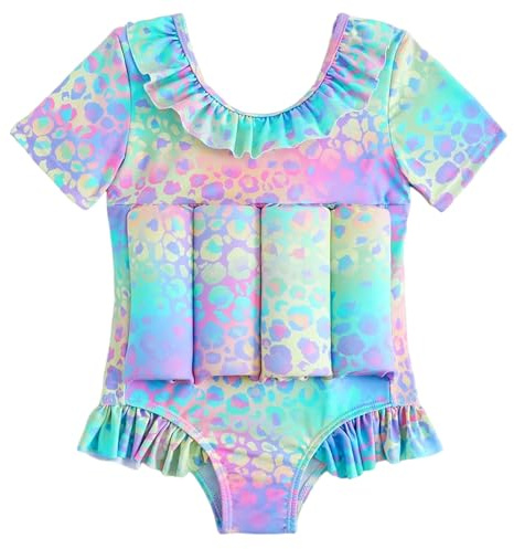 Baby Girl One Piece Floatation Swimsuit Floating Swimwear with Adjustable Buoyancy Summer Pool Beginner Swimming Sports Outdoor Gear for Beach Swimming Lessons Colorful Leopard Print 6-9 Months