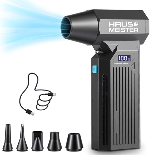 Electric Air Duster Rechargeable, HAUSMEISTER Airflex Turbo 150,000 RPM Compressed Air Blower for Heavy-Duty Car Detailing & PC, 5200mAh Cordless with Smart LED Display, 4-Gear