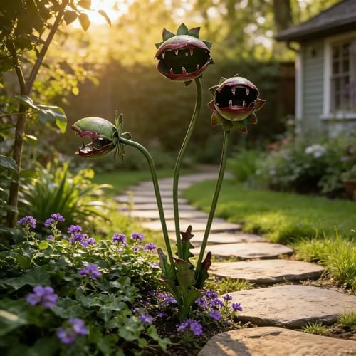 Whimsical Metal Carnivorous Plant Garden Stake, 25-Inch Large Venus Flytrap Monster Plant Sculpture, Durable Yard Art for Flower Beds, Patios & Planters, Unique Quirky Garden Gift