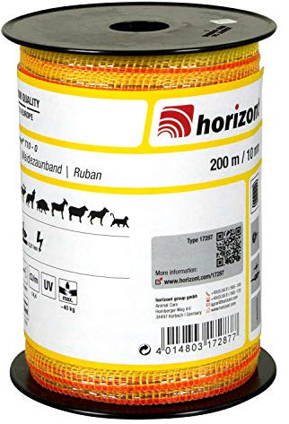 horizont Weidezaunband farmer T10-O 200 m lang, 10 mm breit, Breitband Litze, Weidezaun Strom, Elektrozaun, für kurze Zäune, 40 kg Bruchlast, Band, Litze Weidezaun