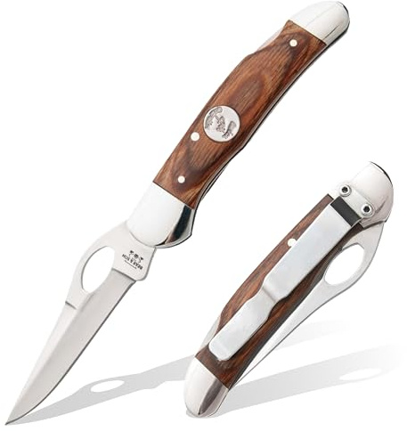 BEAR & SON Heritage Walnut Locking Cowhand Pocket Knife – 2 7/8 1095 Carbon Steel Blade | Lightweight Folding EDC Knife with Walnut Handle & Nickel Silver Bolsters for Everyday Carry & Camping