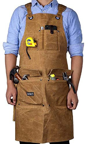Tablier de travail pour hommes, tablier de soudure avec 8/10 poches, robuste en toile cirée pour charpentier, menuisier, réglable M à XXL, brun
