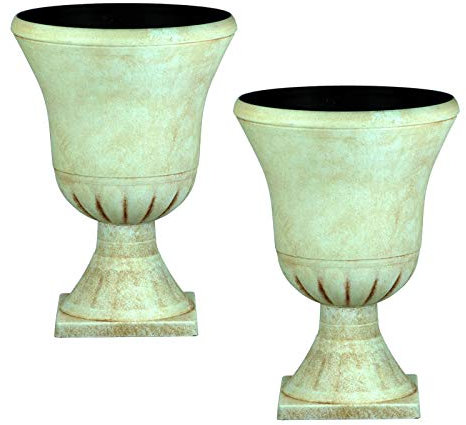 Pompeii Tall Plastic Urn Planter & Base - Beige, Set of 2-58cm (H) x 40cm (Dia) - Suitable for Indoor of Outdoor Use.
