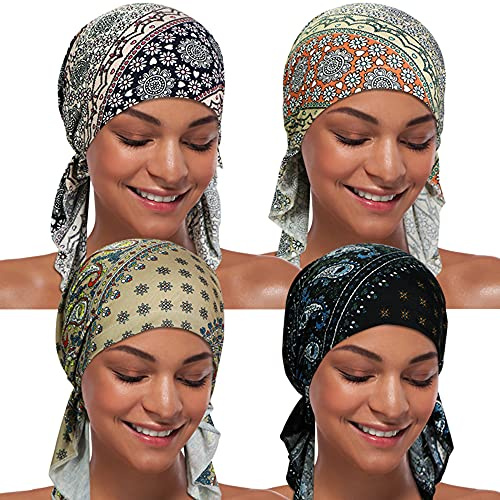 ASHILISIA Mössa för strålbehandling, för kvinnor, turban, förbunden huvudbonad, bandana för håravfall, 4 st