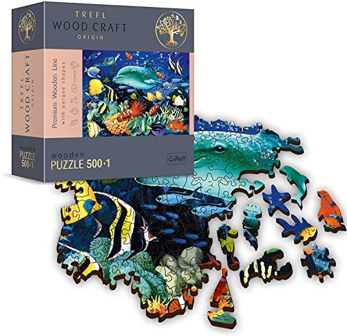 Trefl - Holzpuzzle, Meerestiere - 500+1 Teile, Wood Craft, unregelmäßige Formen, 50 Meeresfiguren, hochwertiges modernes Puzzle, DIY, für Erwachsene und Kinder ab 12 Jahren, holzpuzzle Erwachsene