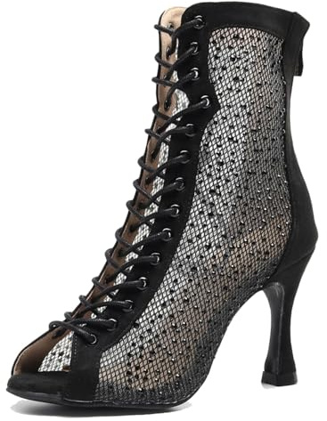 LITNERMIA Donne Stivaletti Party Performance Ballroom Lace-up Strass Mesh Latin Dancing Peep Toe Scarpe, Aev960 Nero 9cm Tacco, 37 EU