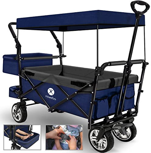 Miweba Faltbarer Bollerwagen MB-20 | Sonnendach UV-beständig - 2X Anschnallgurte - Transportwagen für Kinder - Traglast 100 Kg - Wagen - Feststellbremse - Hartgummireifen (Königsblau/Grau)