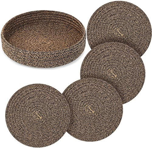 AmapleL 9 Zoll Topfuntersetzer für heiße Gerichte, Satz von 4 Untersetzern für heiße Töpfe und Pfannen Halter und 1 Packung Küche Lagerung Korb, Baumwolle Runde heiße Pads (Schwarz Braun)