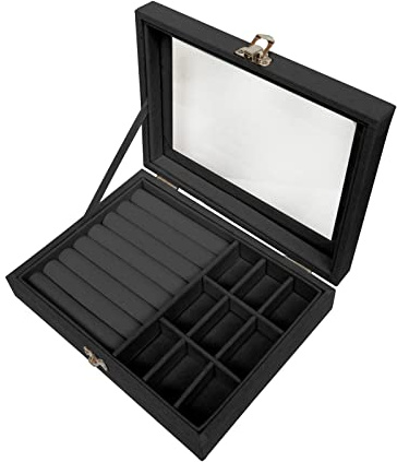 Jemjosh Clear Lid Velvet Jewelry Organizer Box with 9 Grids and 8 Slots for Rings Earrings Necklaces Tray Display Case, Black