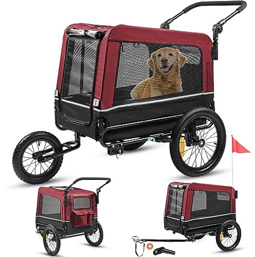 Hundeanhänger 3in1 Fahrradanhänger, Hundebuggy, Jogger für Hunde, großer Laderaum 240 Liter, Hundewagen mit Dual Federung, faltbar (Rot)