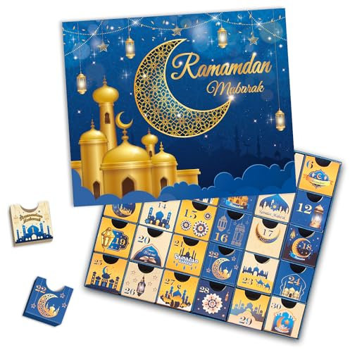 Calendrier de l'avent Ramdan 30 boîtes vides 30 jours Eid Mubarak coutdown Calendar avec des cadeaux du Ramadan, boîte rangement numéro en carton, fournitures de fête du Ramadan - Bleu