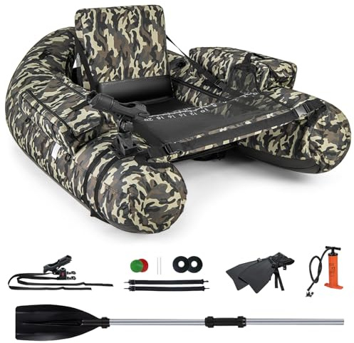 COSTWAY Belly Boat da Pesca Portatile, Gommone Gonfiabile da Pesca con Porta Canne Regolabile, Pompa, Pagaia in Alluminio, Spallacci e Kit di Riparazione, Barca da Mare con 2 Pinne, capacità 150 kg