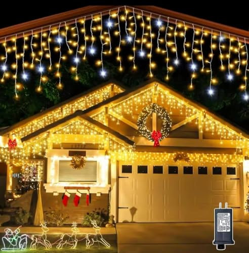 Partenopea Tenda luminosa esterno natalizia luci a 380 led da balcone decorazioni di Natale feste eventi bassa tensione 31V gioco flash bianco (Luce calda fissa + fredda flash, 10 metri)