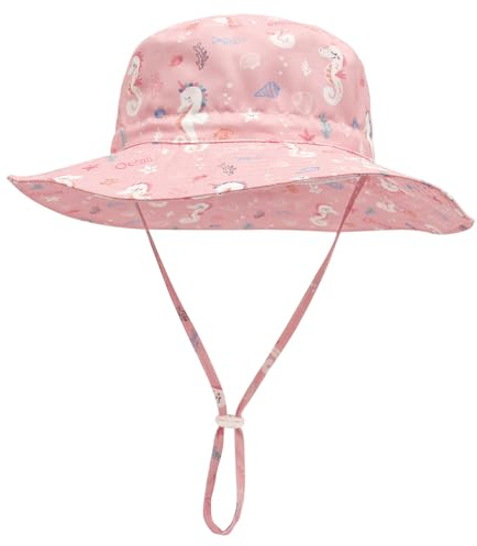 KxrTpx Toddler Sun Hat for Girls 1-5 Years, UPF 50+ Baby Sun Protection Hat for Outdoor with Neck Flap, Cute Pink Sea Horse Design