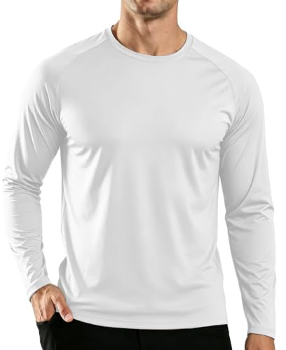 SMENG White T Shirt Men Dri Fit Long Sleeve Elastic Running Top Crew Neck Hiking UV Protection Shirts for Men White L
